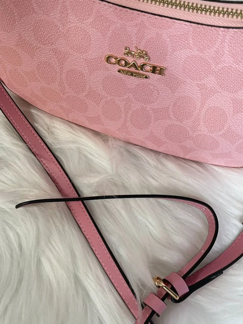 Pink Curved Shoulder Bag Signature Pattern With Adjustable Crossbody Strap